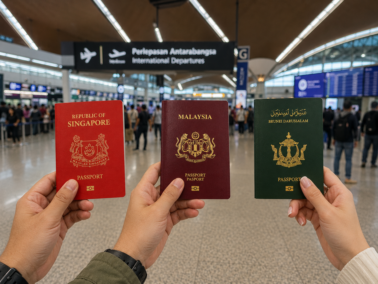 Travellers holding Singapore, Malaysia and Brunei passport inside an international airport terminal